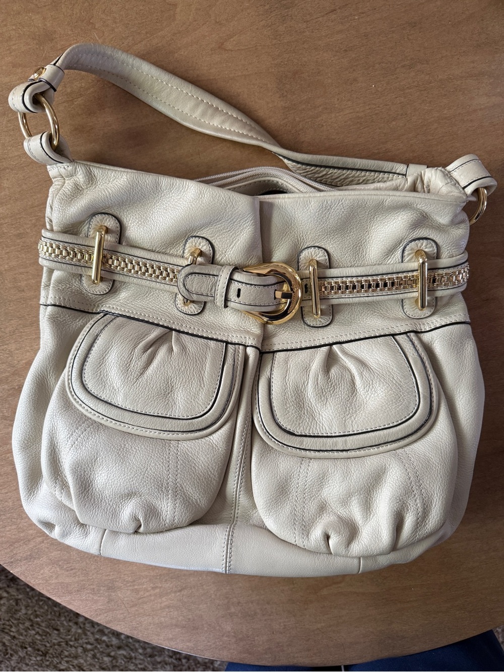 B Makowsky Leather Shoulder Hobo Bag in Cream with Gold Hardware
